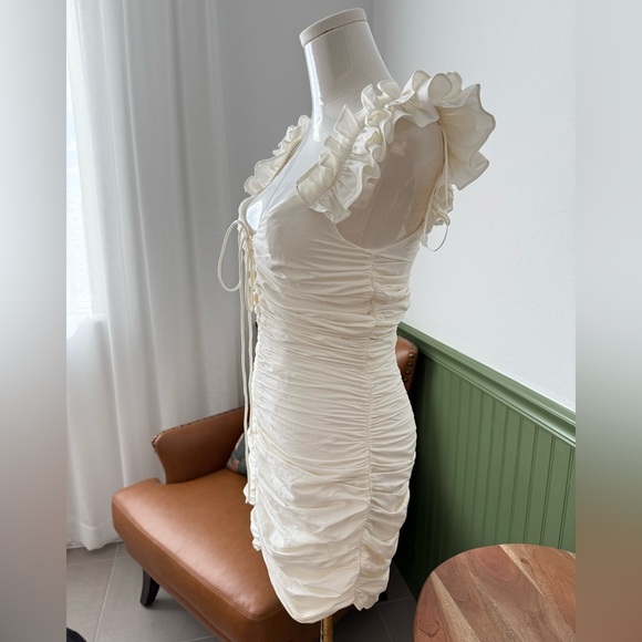 Zara Mini White Ruffle Sleeve Linen Blend Ruched Dress Lace Up Tie Size XS EUC - Picture 6 of 8